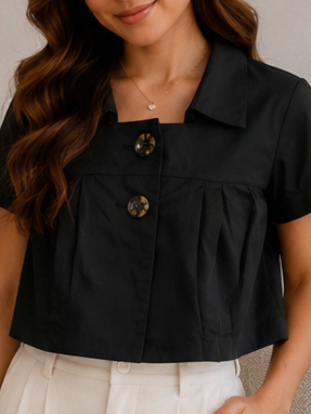 Grace Elements Black Cotton Cropped Short Sleeve Pleated Button Blazer Top L